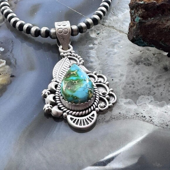 Sterling Southwestern Style Teardrop Sonora Gold Turquoise Decorated Pendant - Picture 5 of 10